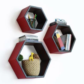 Trista - [Woven Grid] Hexagon Leather Wall Shelf / Bookshelf / Floating Shelf (Set of 3)